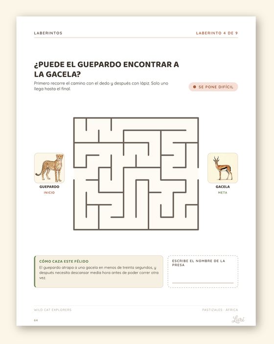 Laberinto donde el guepardo tiene que llegar a la gacela